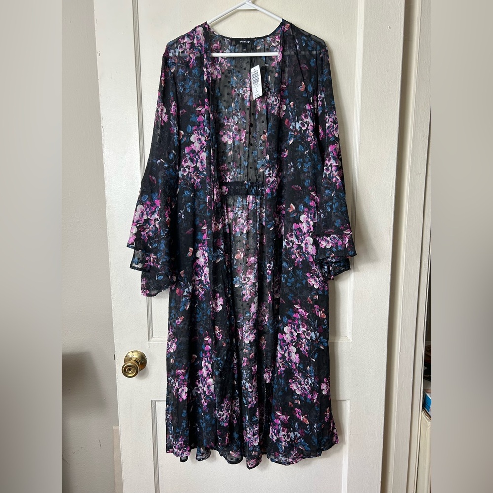 Torrid black floral clip dot long bell sleeve kimono womens 1X NWT - Picture 3 of 11
